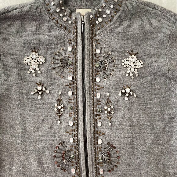 Chico's Womens Gray Beaded Placket Mock Neck Full Zip Cardigan Sweater Sz 2 US L - Picture 4 of 13